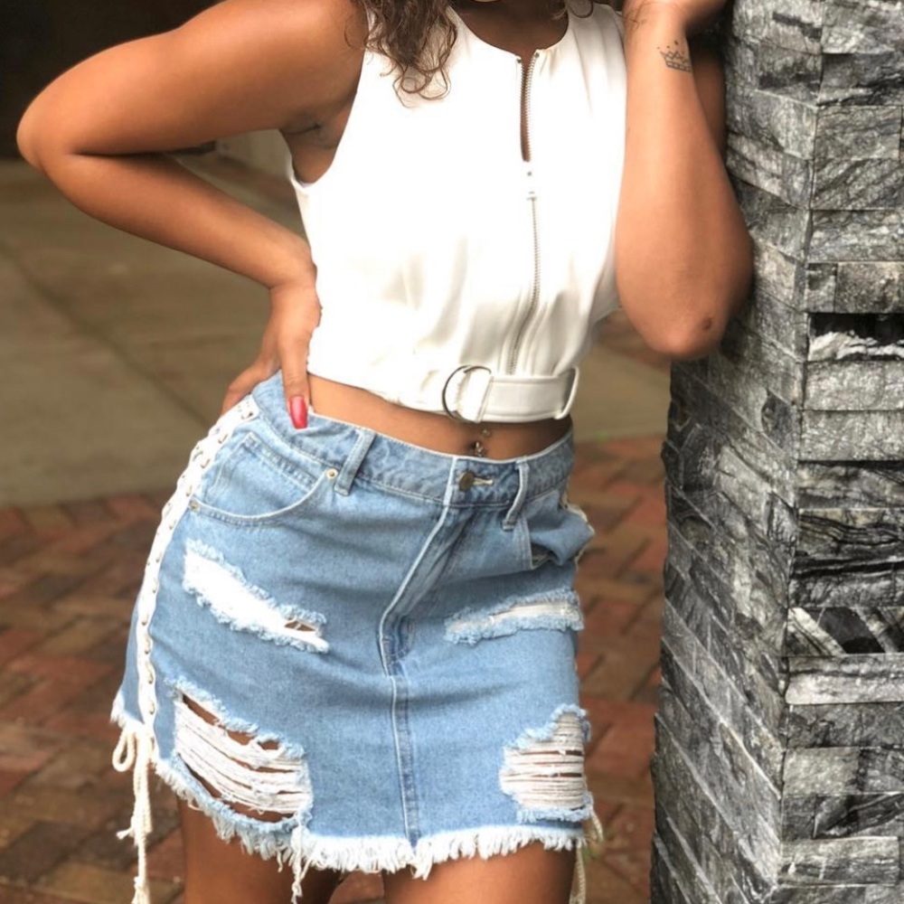 Distressed jean skirt